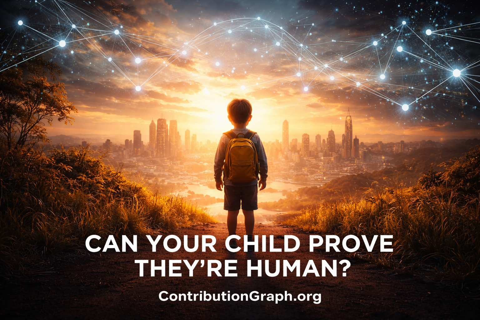 Child looking at futuristic city with network graph overlay representing consciousness verification and ContributionGraph infrastructure for proving human identity when AI makes behavioral observation obsolete