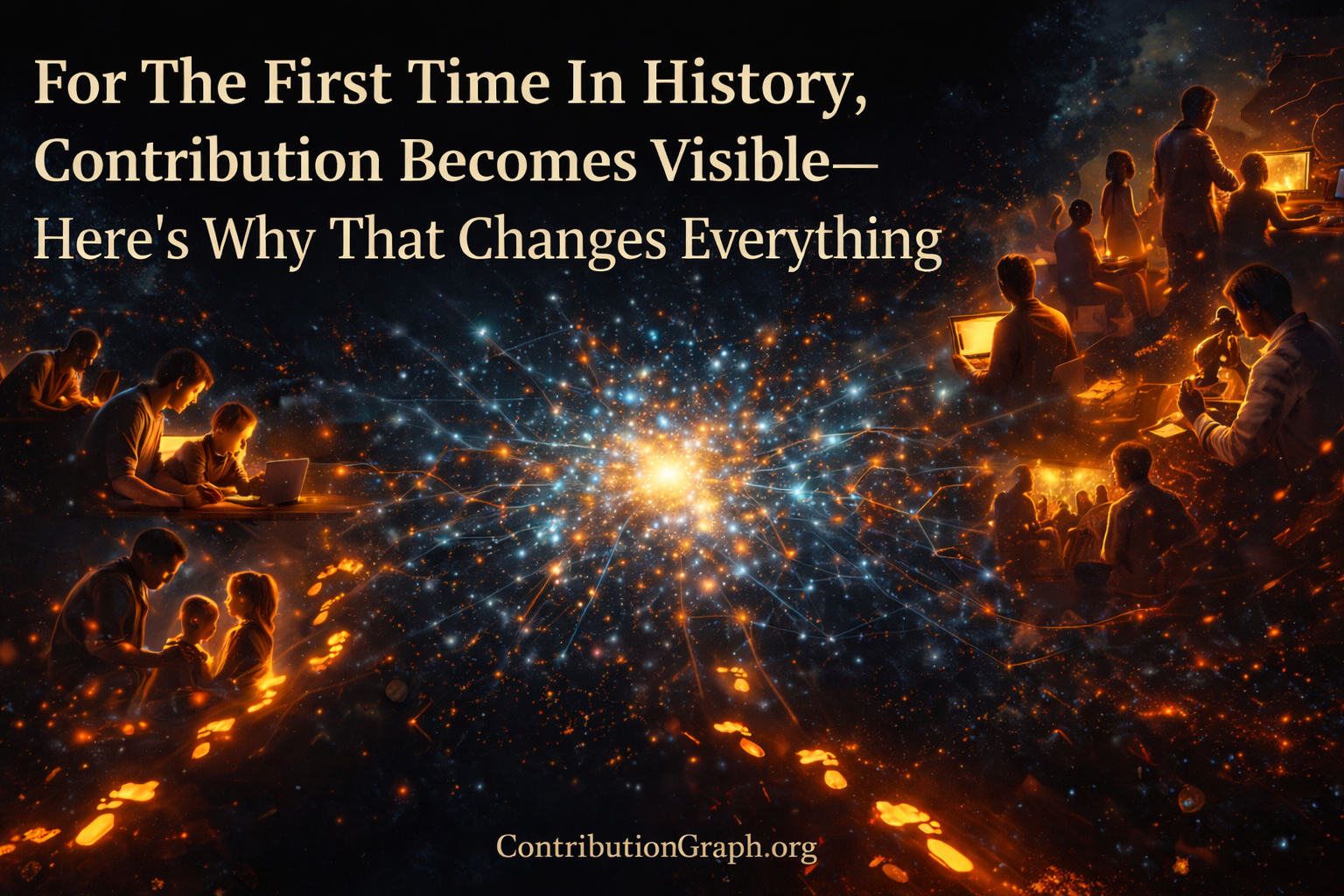 People connected through glowing network representing contribution becoming visible for first time in 10,000 years of civilization, showing humans making other humans more capable through verified effects across time and space