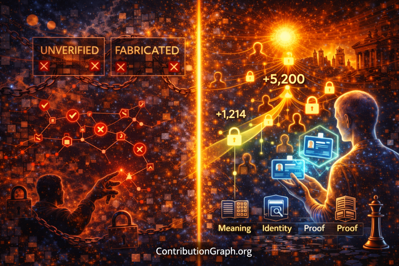 Split image contrasting platform identity imprisonment versus cryptographic ownership: left shows person chained with unverified and fabricated labels across locked network, right shows person holding portable identity cards with verified cascade reaching 5,200 total through cryptographically secured MeaningLayer, PortableIdentity, and ContributionGraph proof