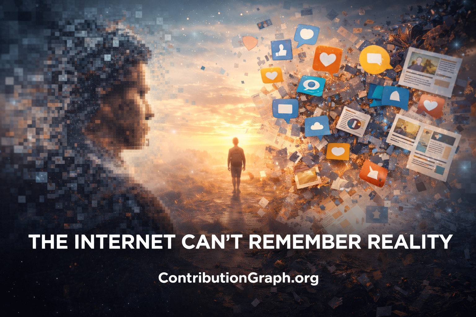 Person walking through fragmenting digital landscape with generic social media engagement icons and content cards dissolving into pixels, representing internet's inability to remember consequences versus behavioral signals when AI perfects momentary observation