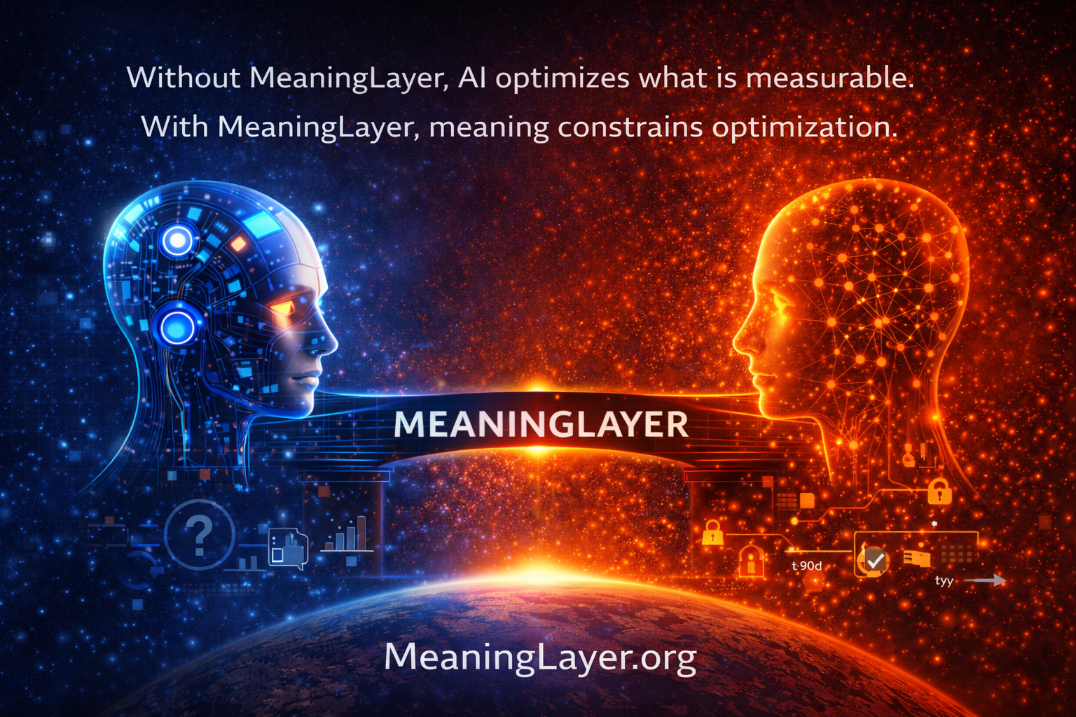 AI figure (blue, left) faces human figure (orange, right) across bridge labeled MEANINGLAYER over Earth. Text: Without MeaningLayer, AI optimizes what is measurable. With MeaningLayer, meaning constrains optimization.
